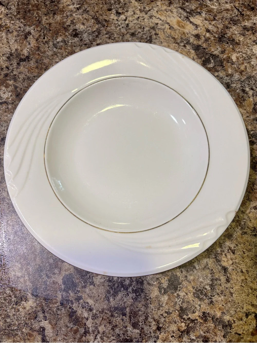 Elegant White Ceramic Dinnerware Bowl, saucers (3) with Gold Trim, salad plate1.